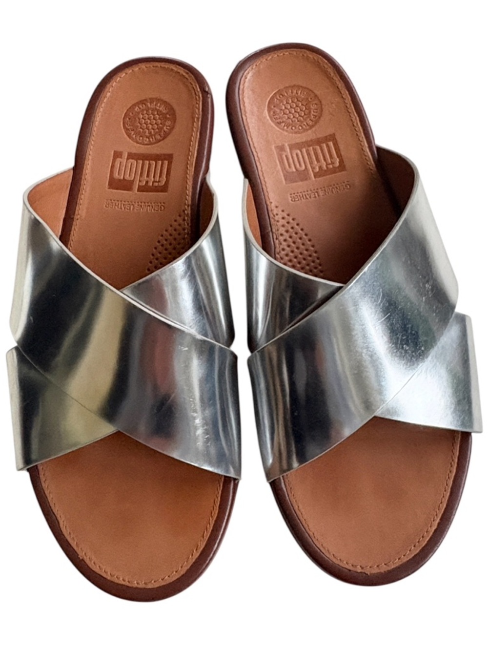 EUC FitFlop Leather Criss Cross Sandals Silver Size 7
